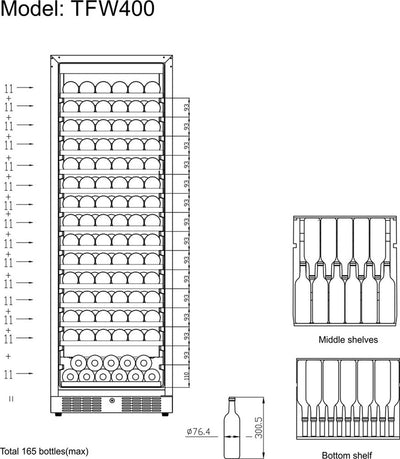 Vinkøleskab - Tefcold TFW400-F - 5 til 18°C - Ventileret - 165 flasker - 39 dB - 0,43 kW/24 timer