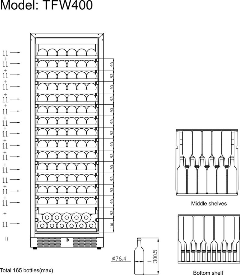 Vinkøleskab - Tefcold TFW400-F - 5 til 18°C - Ventileret - 165 flasker - 39 dB - 0,43 kW/24 timer